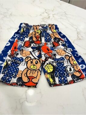 Flow Society Graphic Basketball Bear Shorts in Blue, Orange, Yellow